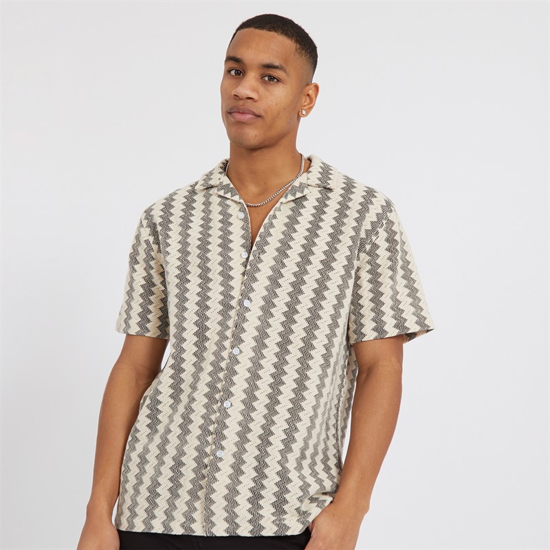 Mens Soresi Short Sleeve Shirt Ecru/Black Crochet