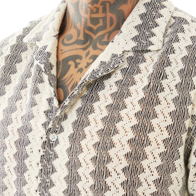 Mens Soresi Short Sleeve Shirt Ecru/Black Crochet 3 Mens Soresi Short Sleeve Shirt Ecru/Black Crochet