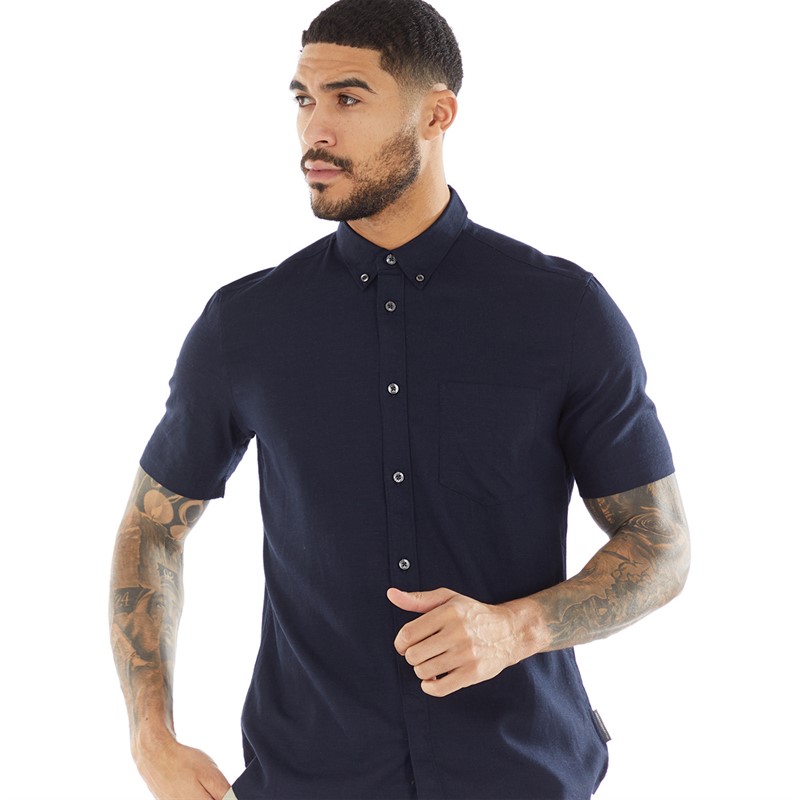 Mens Short Sleeve Linen Shirt Marine