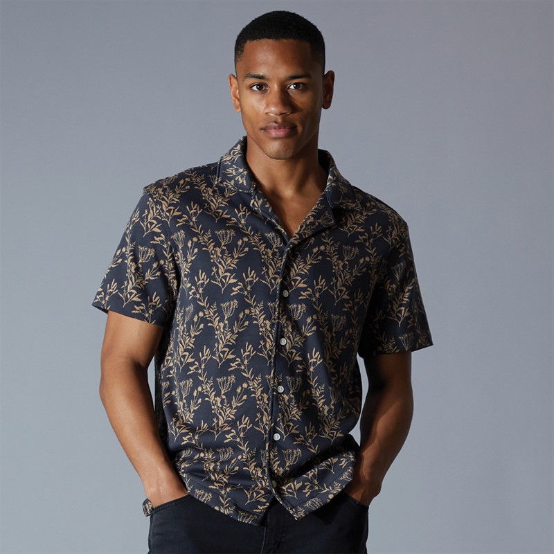 Mens Berry Jacquard Knitted Camp Short Sleeve Shirt Charcoal