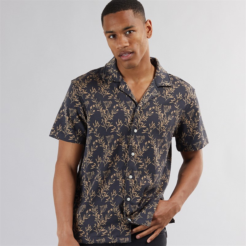 Mens Berry Jacquard Knitted Camp Short Sleeve Shirt Charcoal 3 Mens Berry Jacquard Knitted Camp Short Sleeve Shirt Charcoal