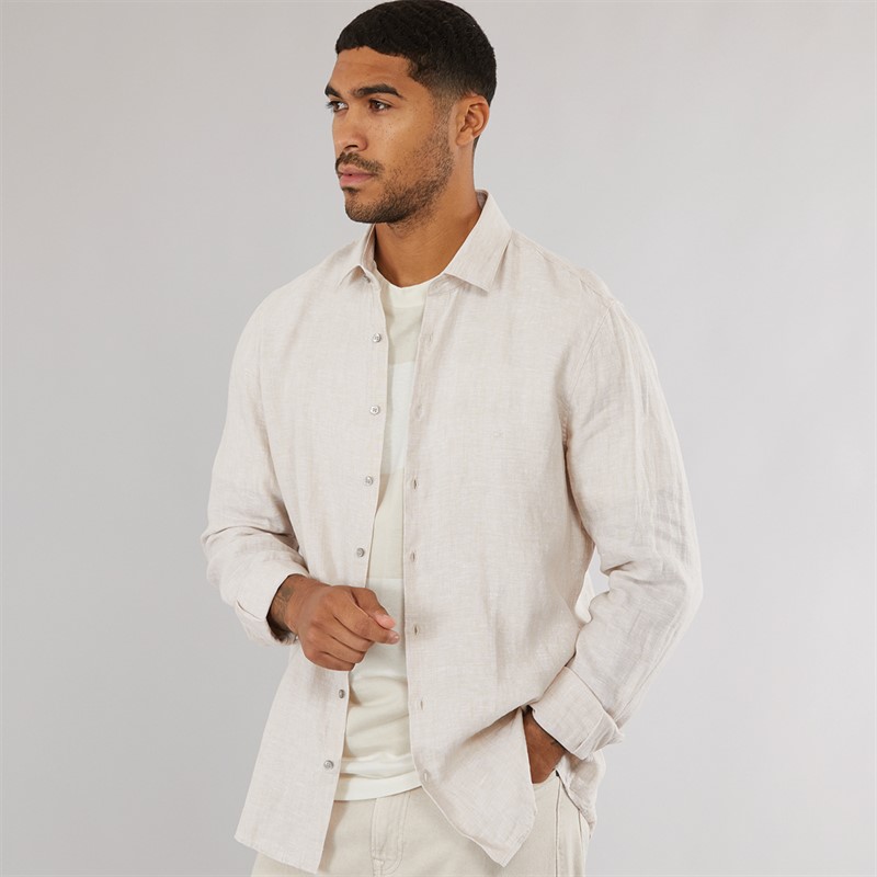 Mens Linen Slim Fit Long Sleeve Shirt Stony Beige 1 Mens Linen Slim Fit Long Sleeve Shirt Stony Beige
