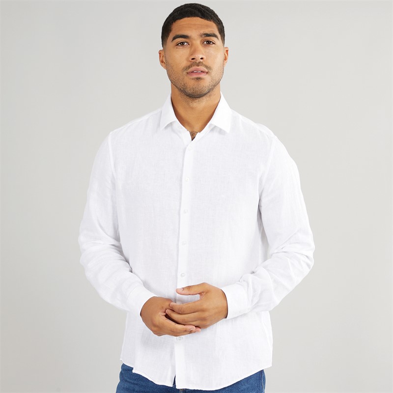 Mens Linen Slim Fit Long Sleeve Shirt White 1 Mens Linen Slim Fit Long Sleeve Shirt White
