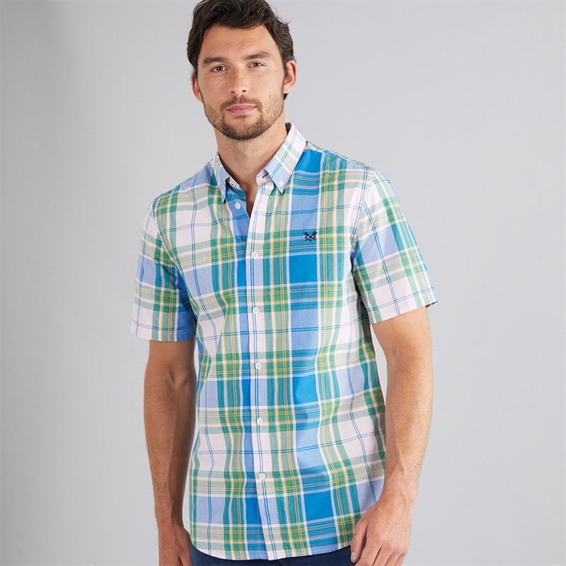 Mens Short Sleeve Checked Shirt Pine Green/Cornflower/Pink Lady