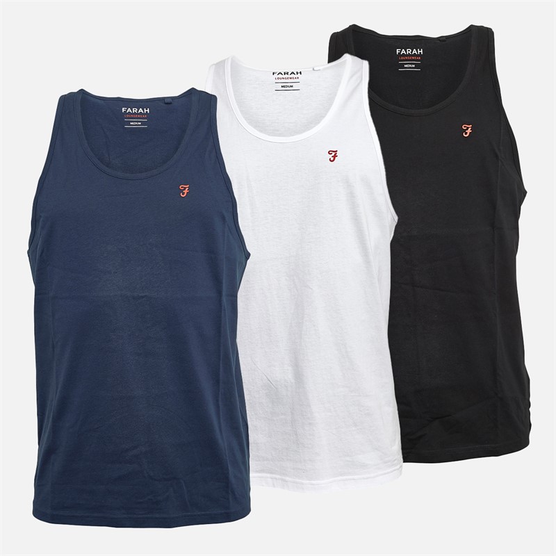 FARAH Mens Gallo Three Pack Vest With Logo Chest Print White/Navy/Black