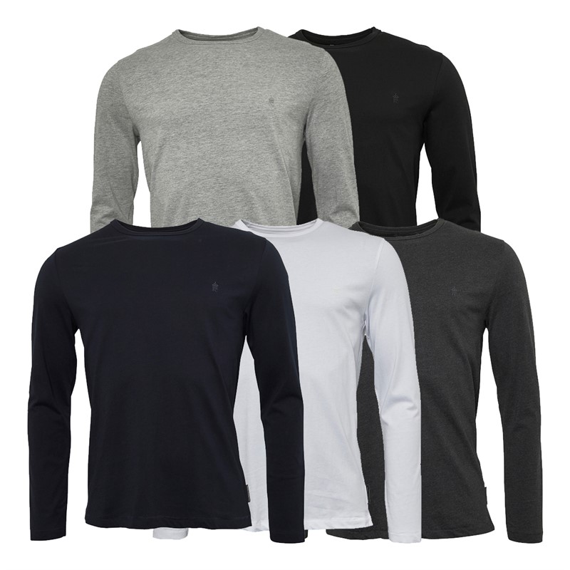Mens Five Pack Long Sleeve Crew T-Shirts Multi 1 - Black/Charmel/Marine/Lgm/White