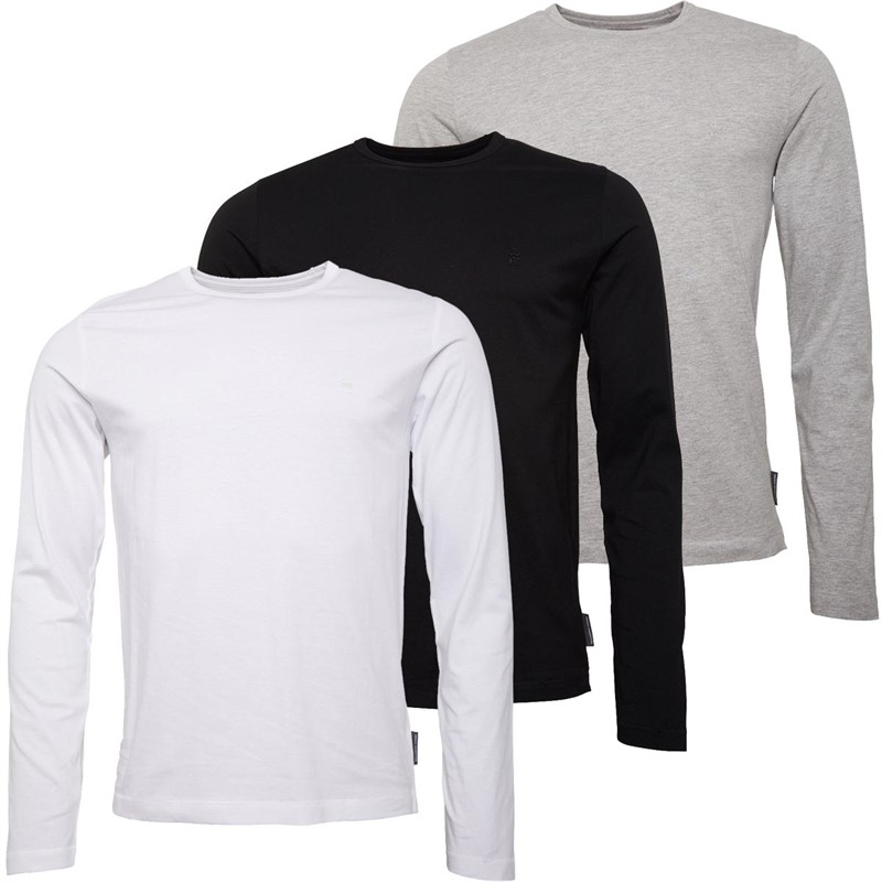 Mens Three Pack Long Sleeve Crew T-Shirts Multi - Black/White/Light Grey Melange 1 Mens Three Pack Long Sleeve Crew T-Shirts Multi - Black/White/Light Grey Melange
