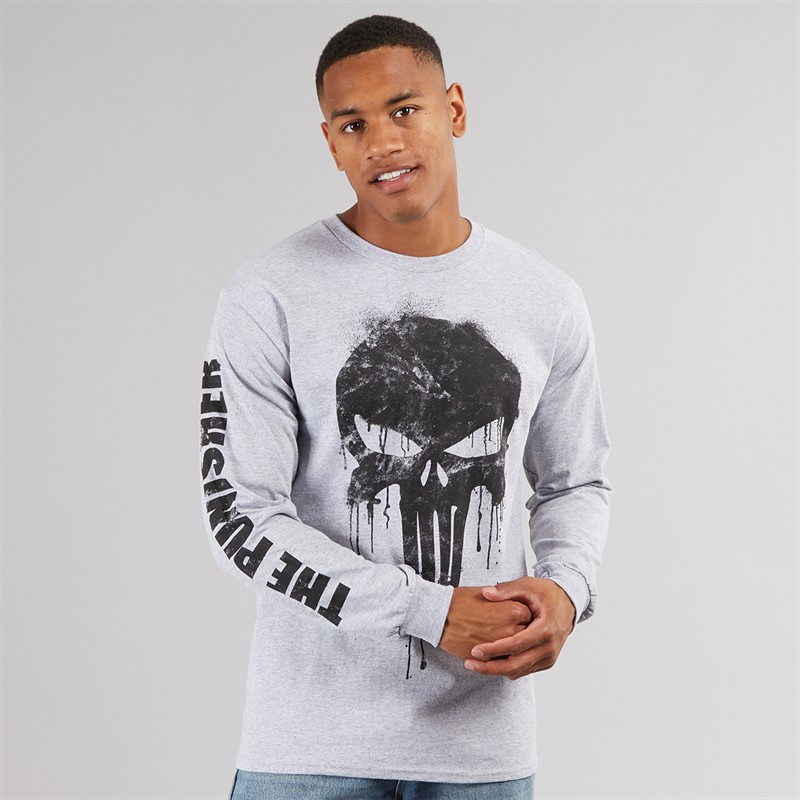Mens The Punisher Skull Long Sleeve T-Shirt Grey Heather