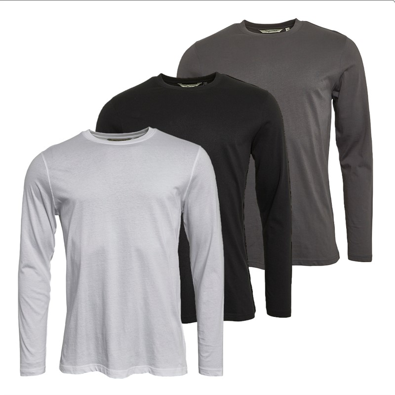 Mens Three Pack Long Sleeve T-Shirts Black/White/Charcoal