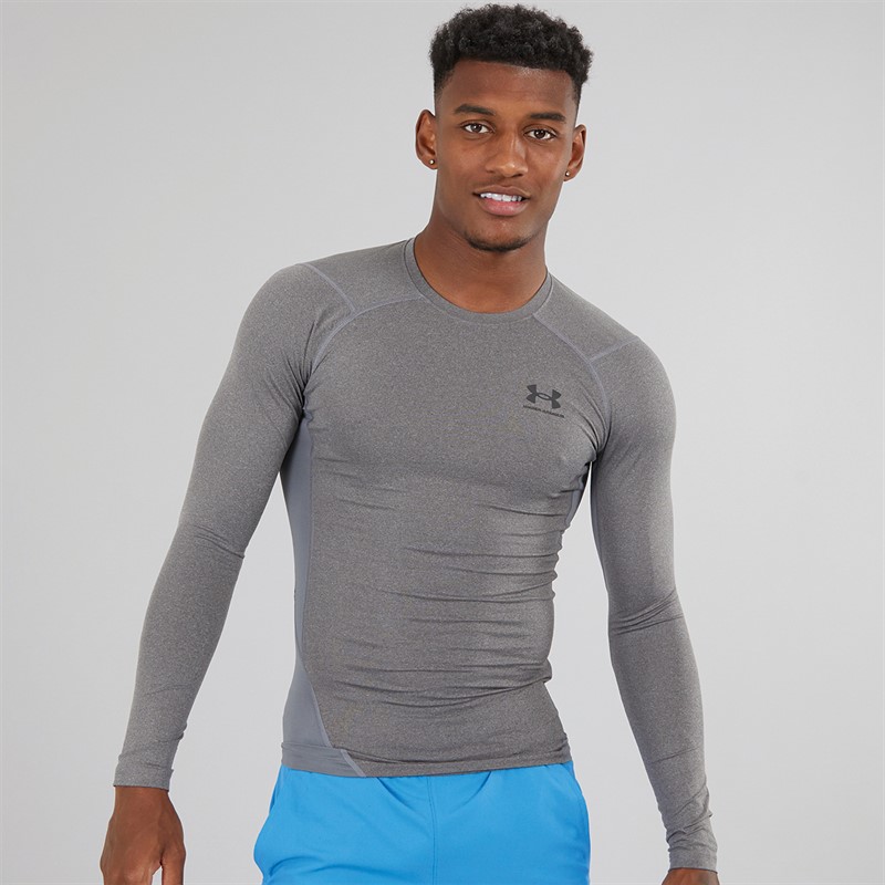 Mens UA HG Heat Gear Armour Compression Long Sleeve Top Carbon Heather/Black
