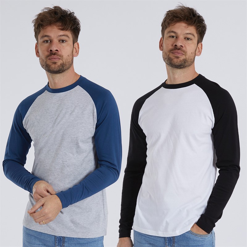 Mens Two Pack Long Sleeve Raglan T-Shirts Grey Marl/Denim Blue/Black/White