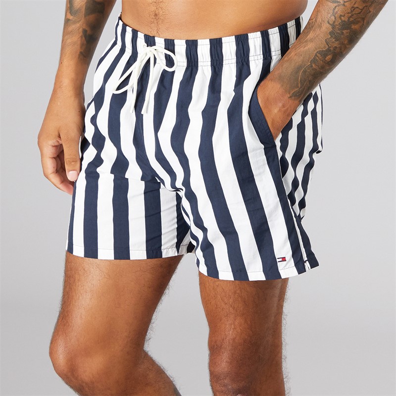Mens Drawstring Swim Shorts Bold Stripe Desert Sky