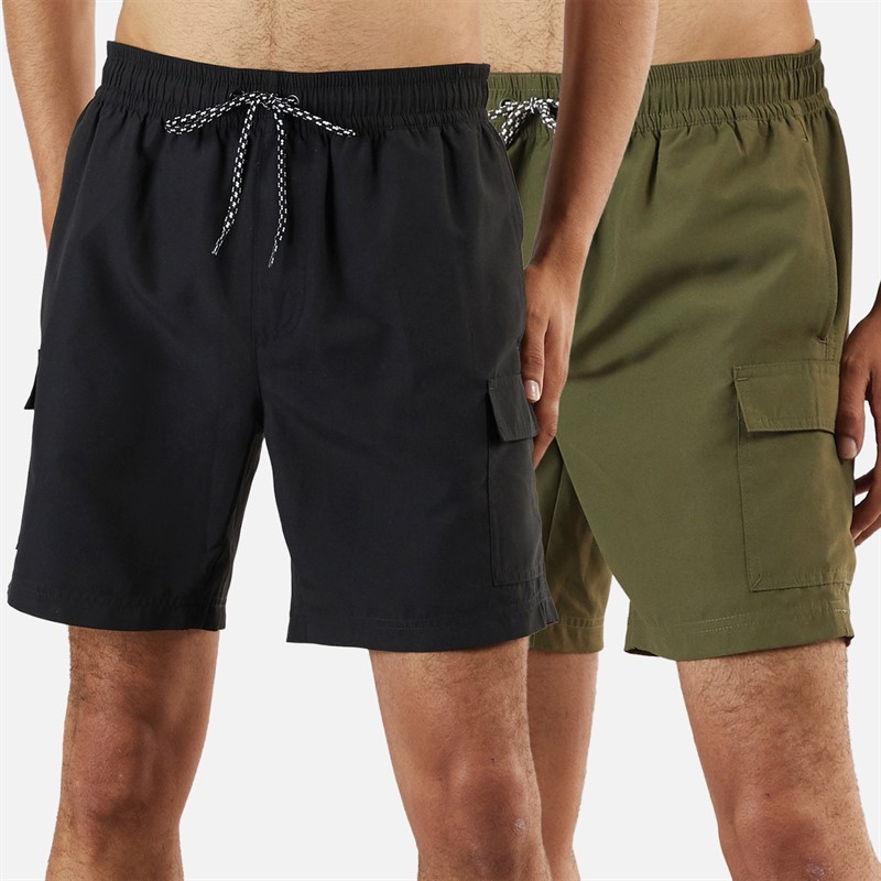 Mens Two Pack Cargo Swim Shorts Khaki/Black 1 Mens Two Pack Cargo Swim Shorts Khaki/Black