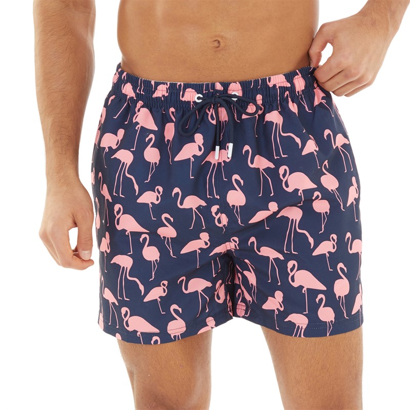 Mens Flamingo Print Swim Shorts Navy/Pink