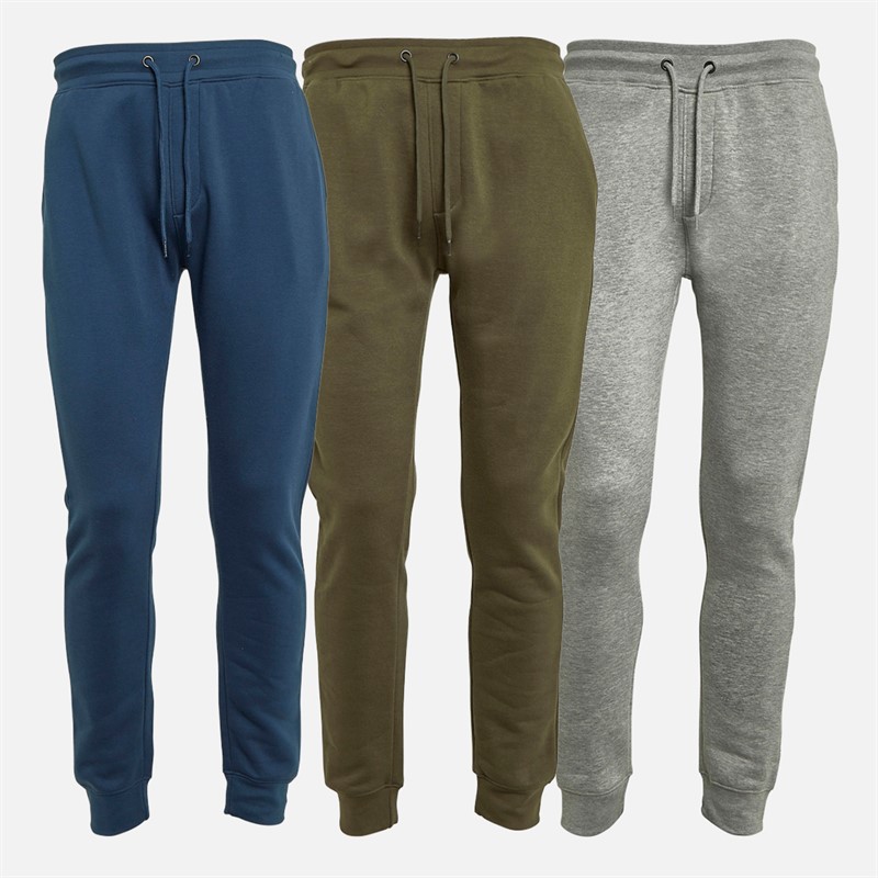 Mens Three Pack Regular Fit Cuffed Fleece Joggers Denim Blue/Grey Marl/Khaki 1 Mens Three Pack Regular Fit Cuffed Fleece Joggers Denim Blue/Grey Marl/Khaki
