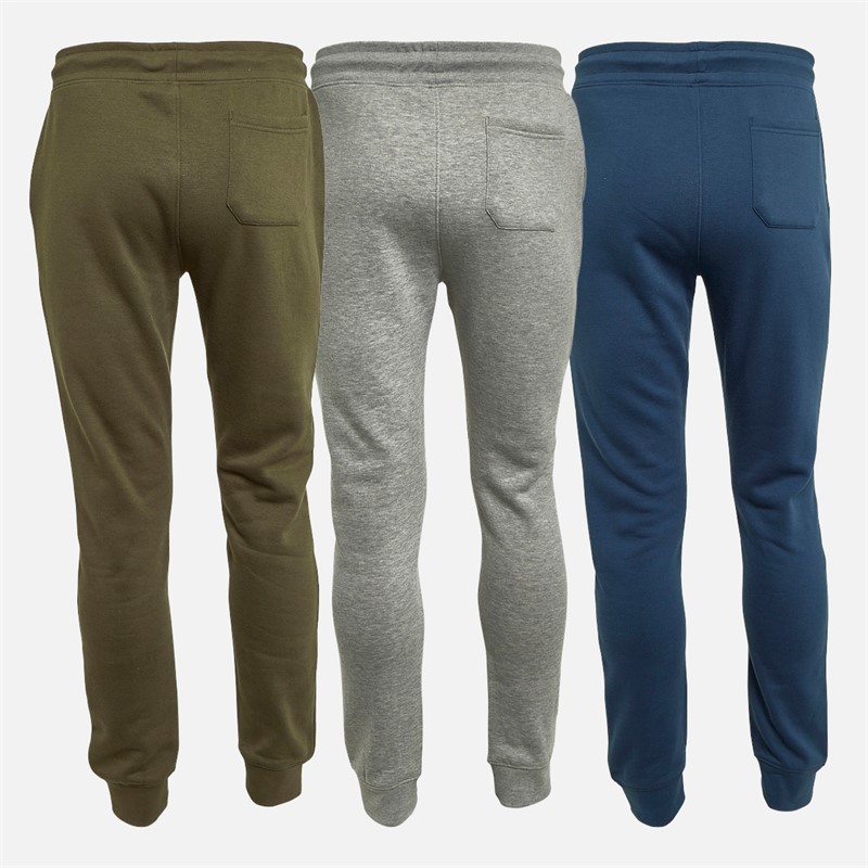 Mens Three Pack Regular Fit Cuffed Fleece Joggers Denim Blue/Grey Marl/Khaki 2 Mens Three Pack Regular Fit Cuffed Fleece Joggers Denim Blue/Grey Marl/Khaki