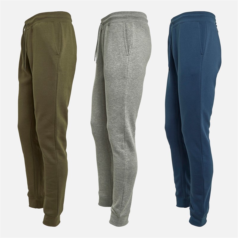 Mens Three Pack Regular Fit Cuffed Fleece Joggers Denim Blue/Grey Marl/Khaki 3 Mens Three Pack Regular Fit Cuffed Fleece Joggers Denim Blue/Grey Marl/Khaki
