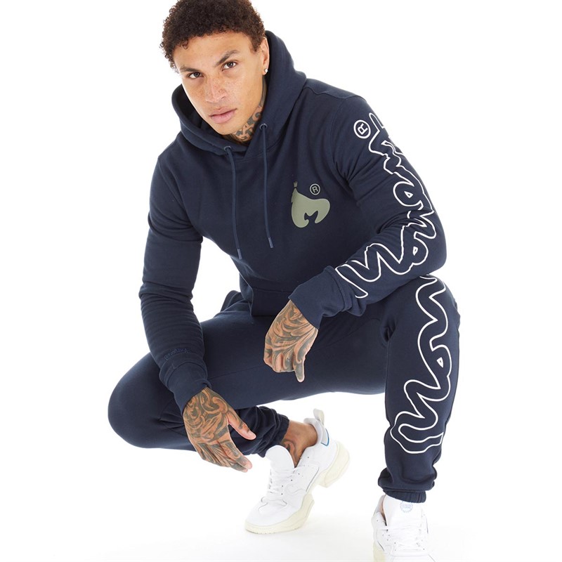 Mens Sig Line Fleece Hood Tracksuit Navy