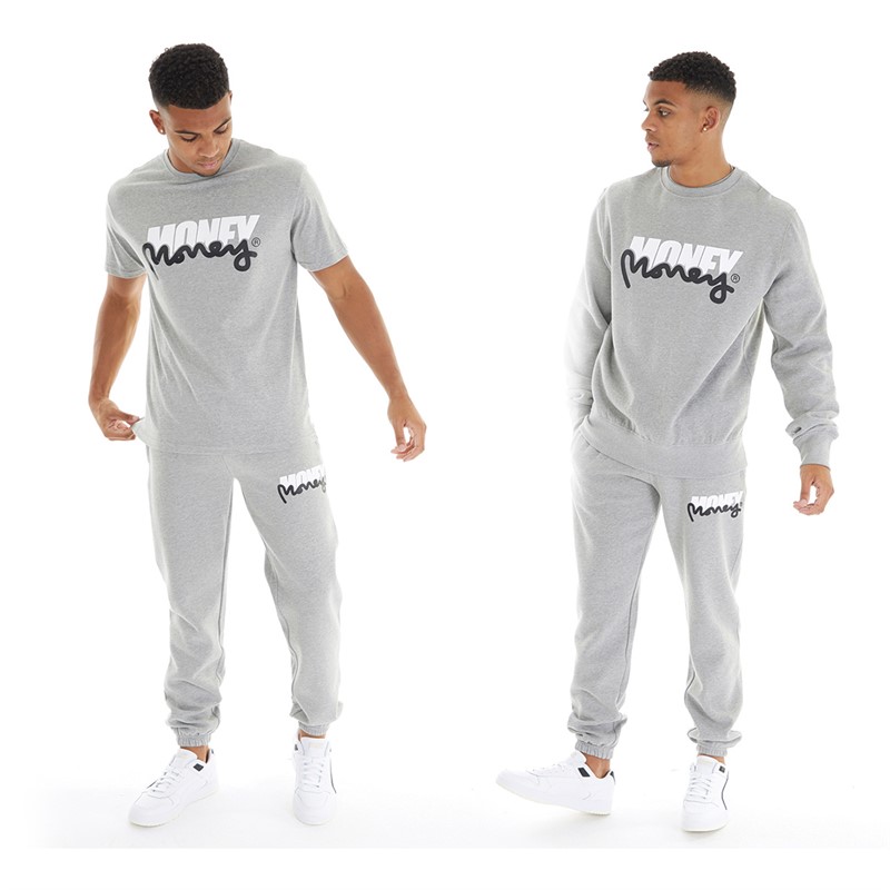 Mens Three Pack Crew Neck Tracksuit And T-Shirt Set Grey Melange