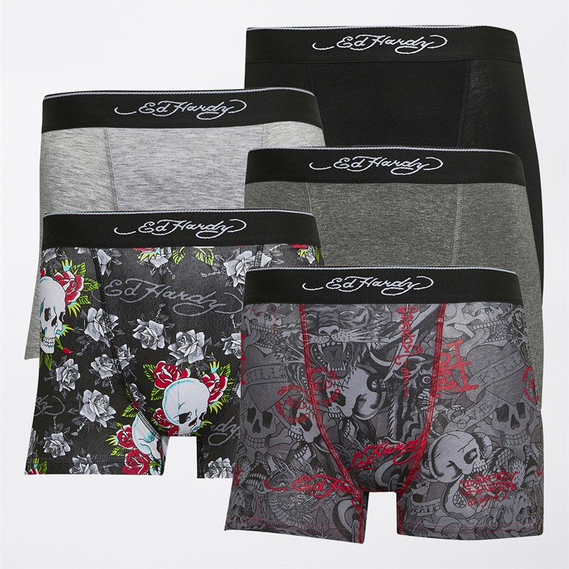 Mens Ruperto Five Pack Boxers Black AOP/Charcoal Marl/Black AOP/Grey Marl/Black