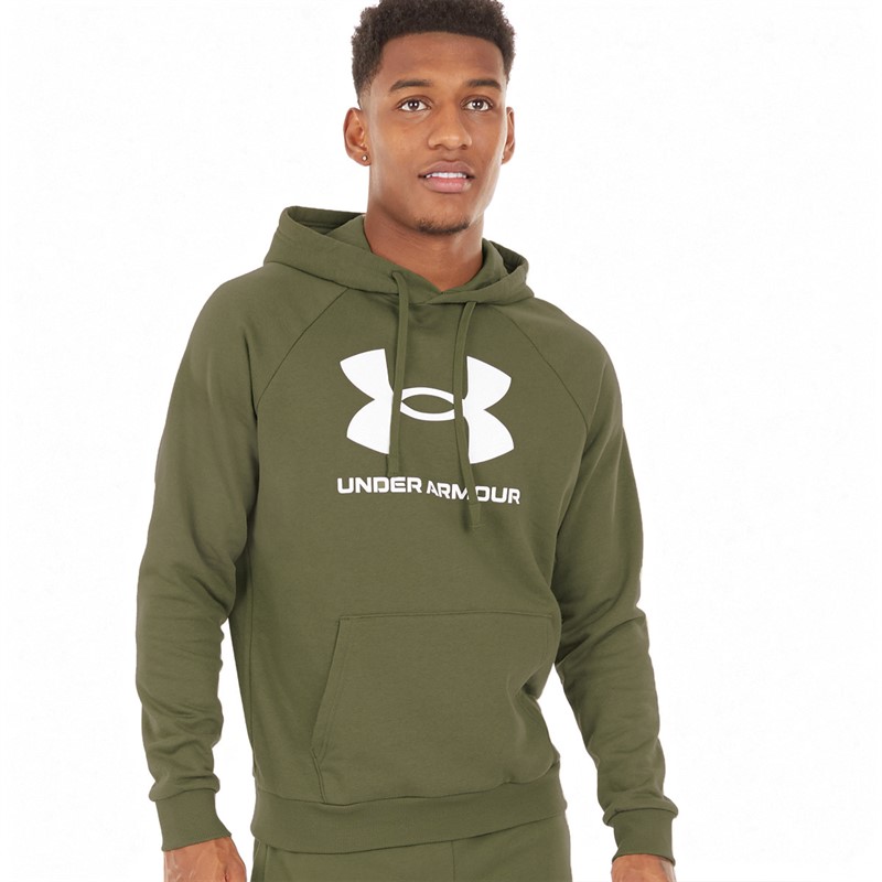 Mens UA Rival Fleece Logo Hoodie Marine OD Green/White