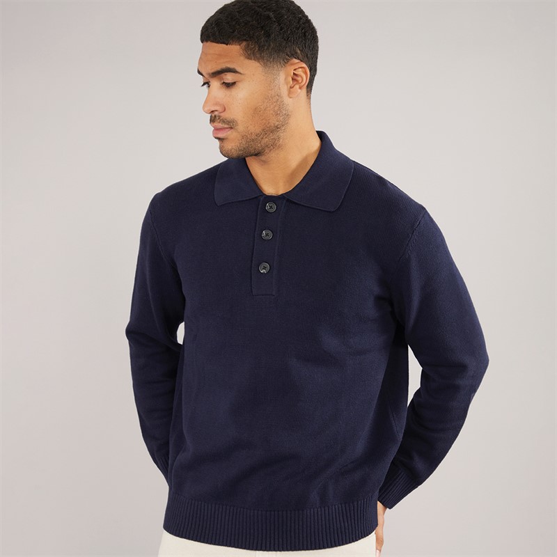 Mens Jakob Long Sleeve Relaxed Knitted Polo Navy Blazer/Melange
