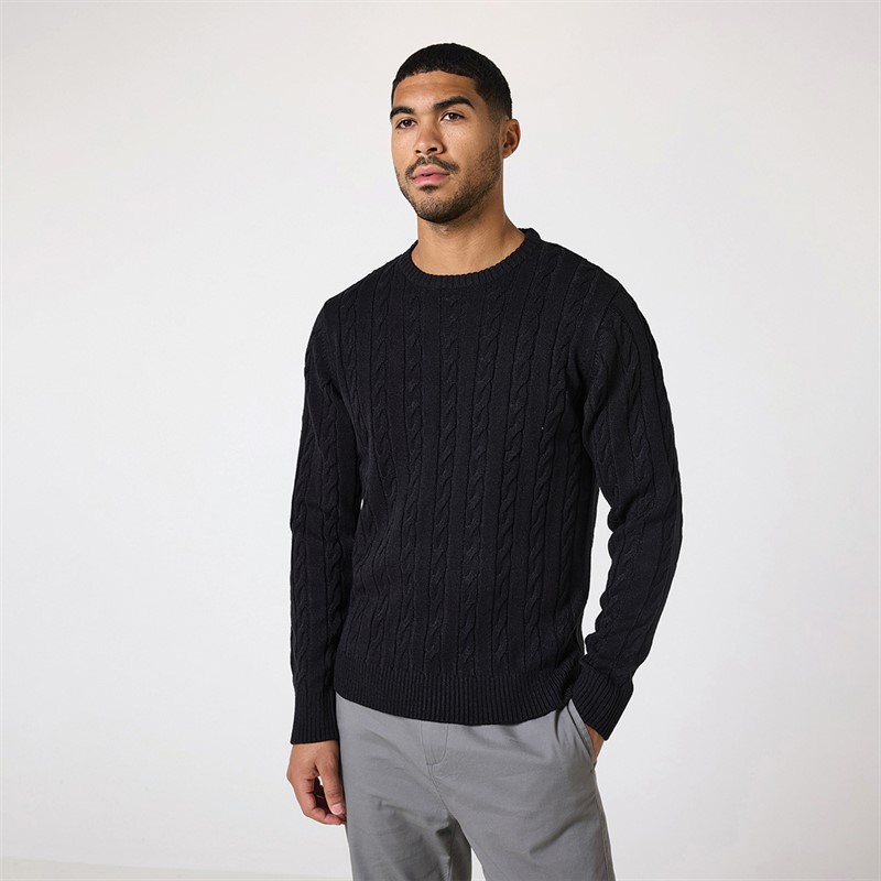 Mens Cable Knit Crew Neck Jumper Black 1 Mens Cable Knit Crew Neck Jumper Black