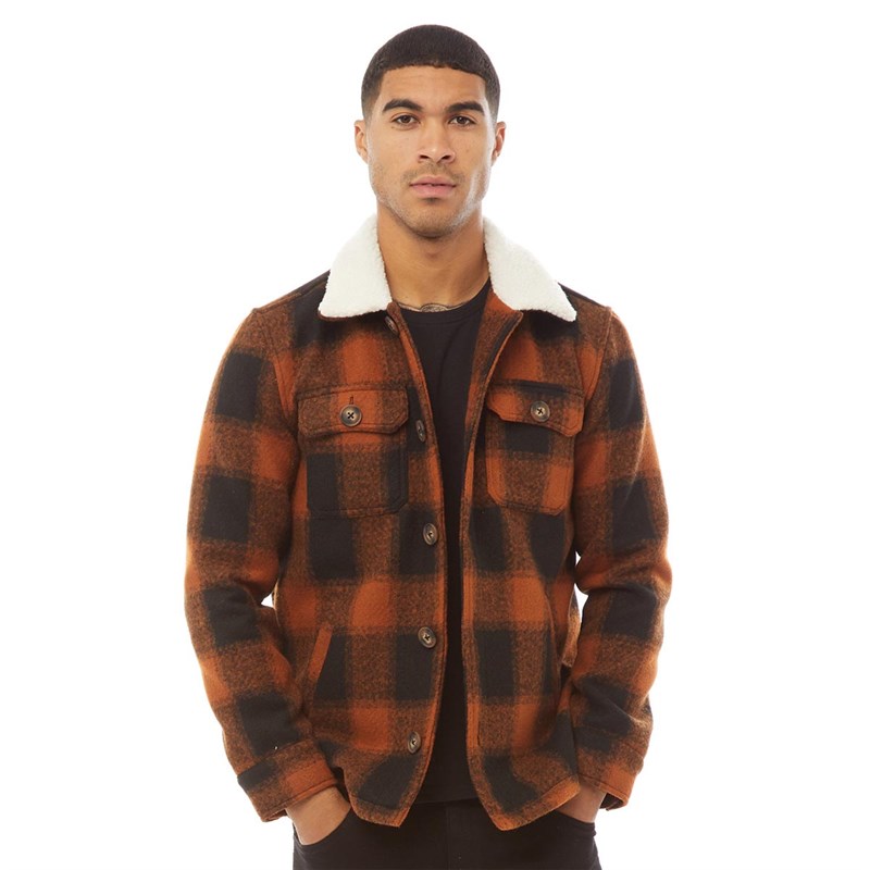 Mens Augustus Checked Sherpa Collar Jacket Black/Orange Check