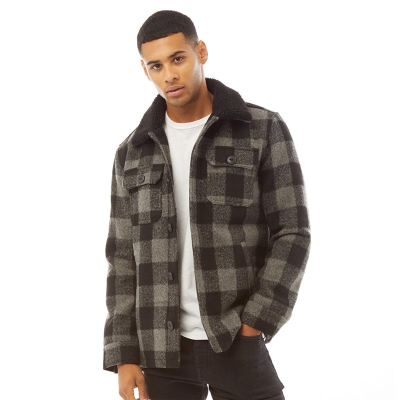 Mens Augustus Checked Sherpa Collar Jackt Black/Grey Check