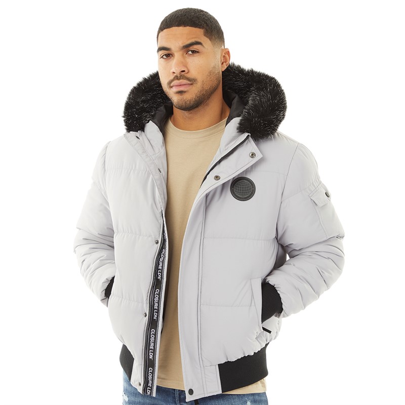 Mens Fur Hooded Short Puffer Jacket Ice Grey 1 Mens Fur Hooded Short Puffer Jacket Ice Grey