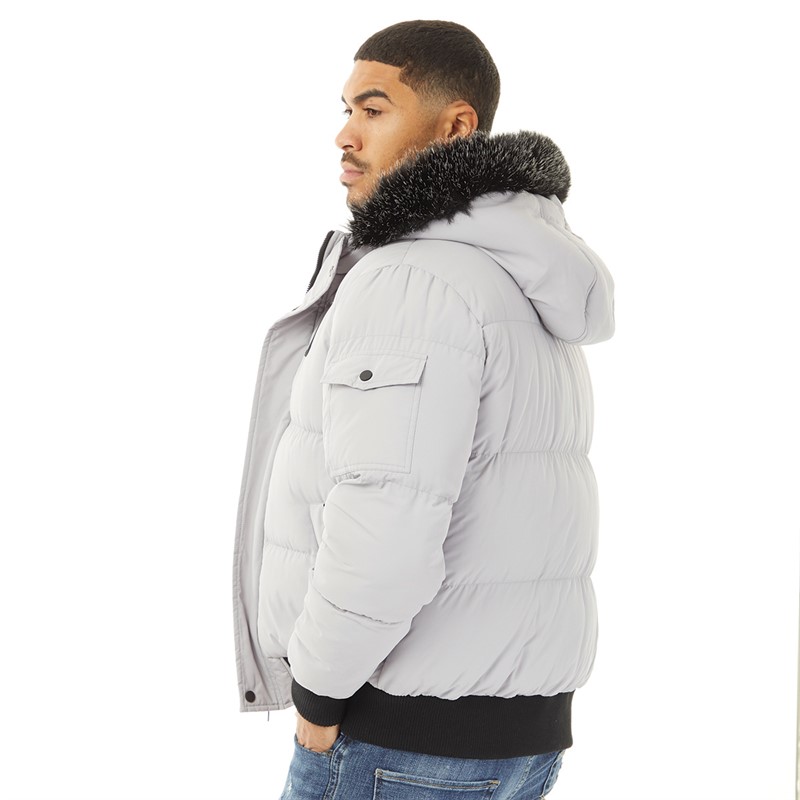 Mens Fur Hooded Short Puffer Jacket Ice Grey 2 Mens Fur Hooded Short Puffer Jacket Ice Grey