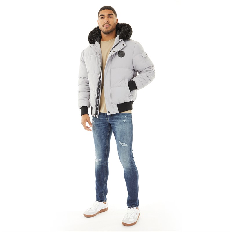 Mens Fur Hooded Short Puffer Jacket Ice Grey 4 Mens Fur Hooded Short Puffer Jacket Ice Grey