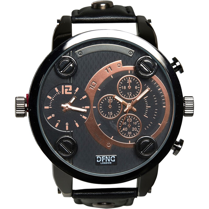 Mens Strap Dual Movement Watch x2 Independent Movements Black