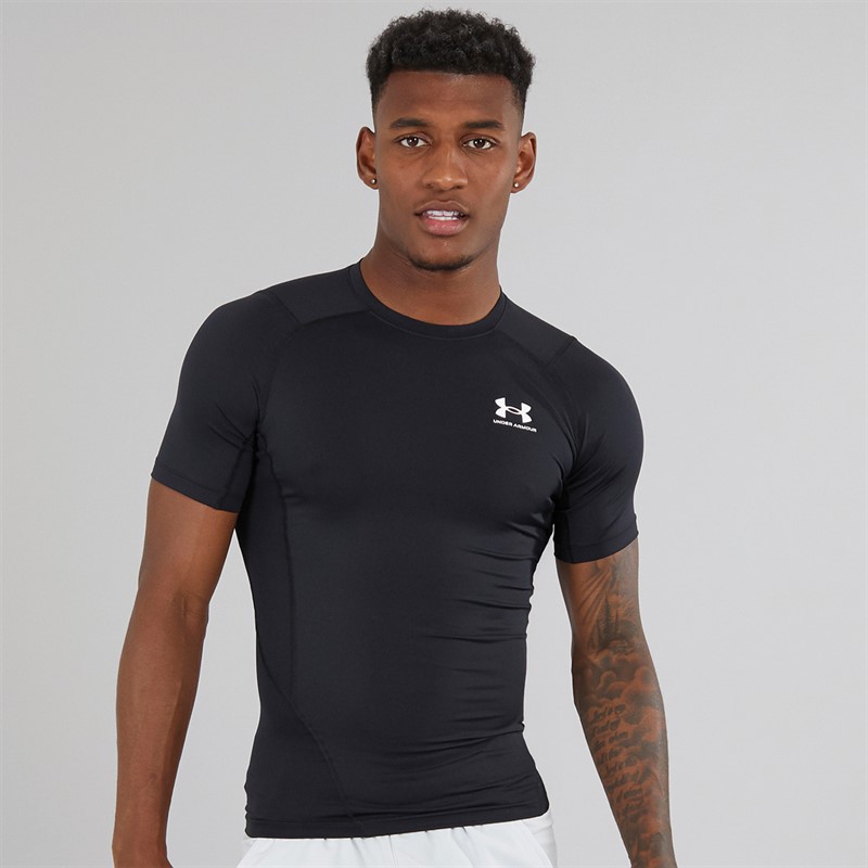 Mens UA HG Heat Gear Armour Compression Short Sleeve Top Black/White