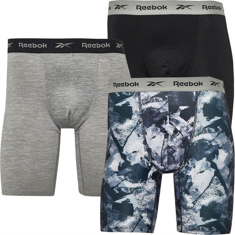 Mens Davids Performance Three Pack Long Trunks Grey Marl/Print/Black