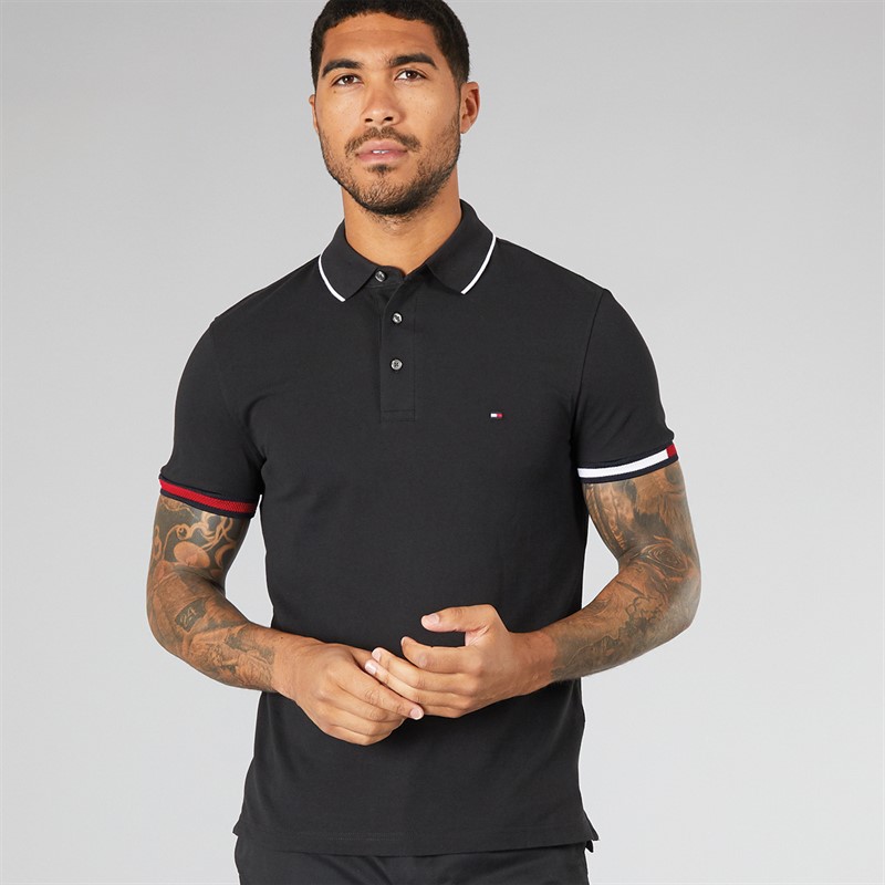 Mens Flag Cuff Slim Fit Polo Black