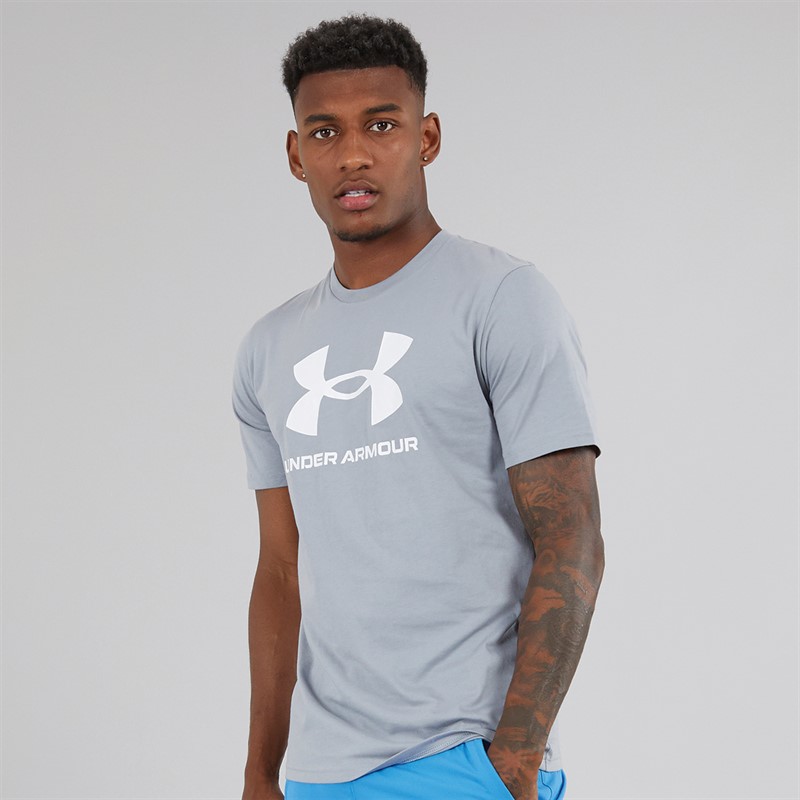 Mens UA Sportstyle Logo Short Sleeve T-shirt Steel/White