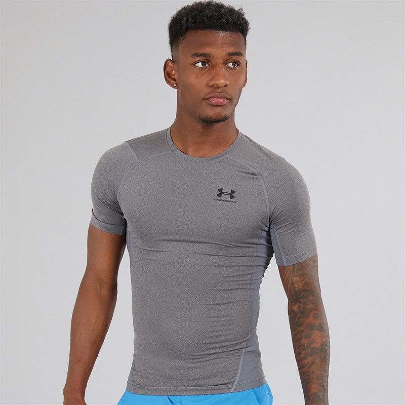 Mens UA HG Heat Gear Armour Compression Short Sleeve Top Carbon Heather/Black 1 Mens UA HG Heat Gear Armour Compression Short Sleeve Top Carbon Heather/Black