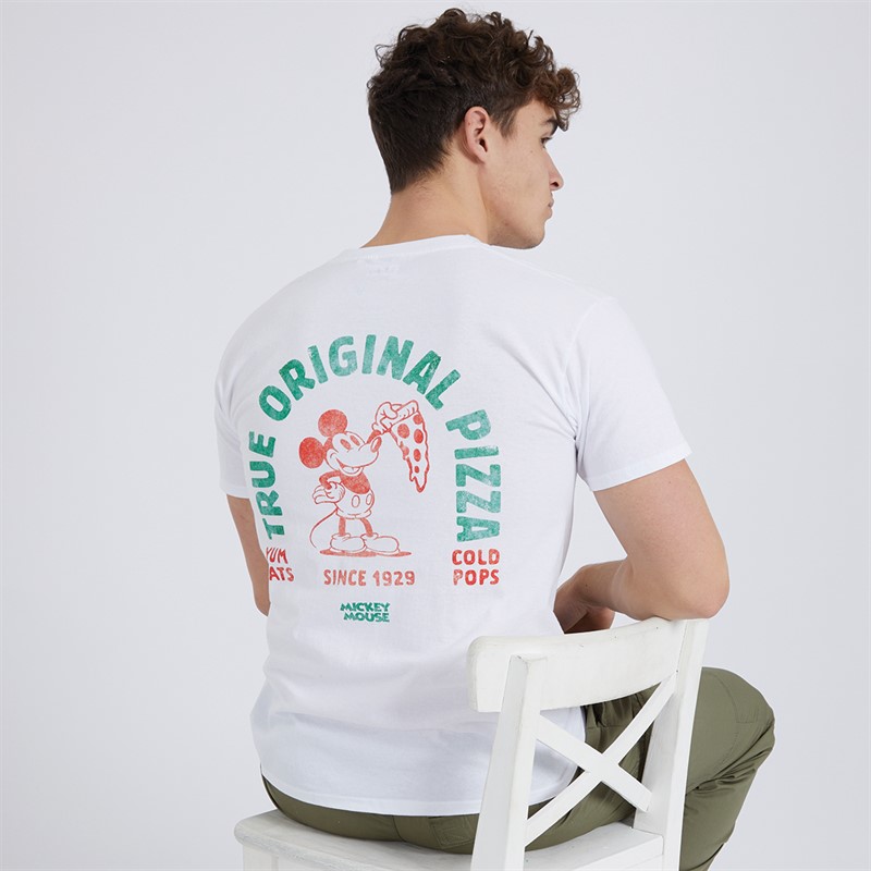 Mens Mickey Mouse Original Pizza Boxy Fit T-Shirt White