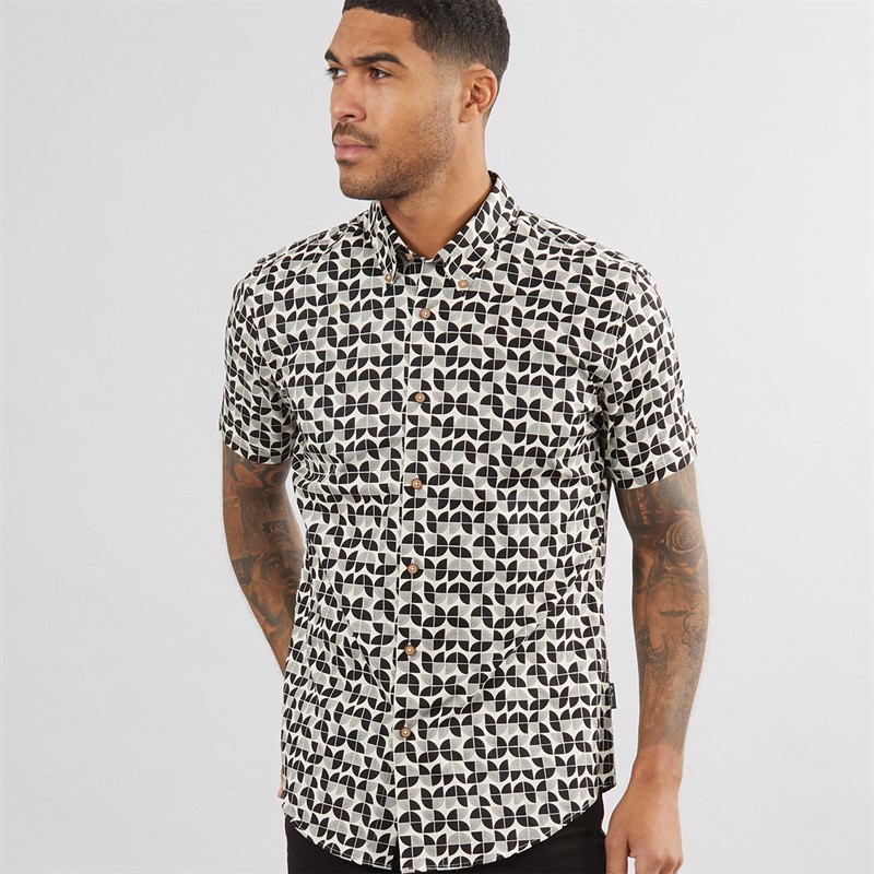 Mens Short Sleeve Linear Print Shirt Black 1 Mens Short Sleeve Linear Print Shirt Black
