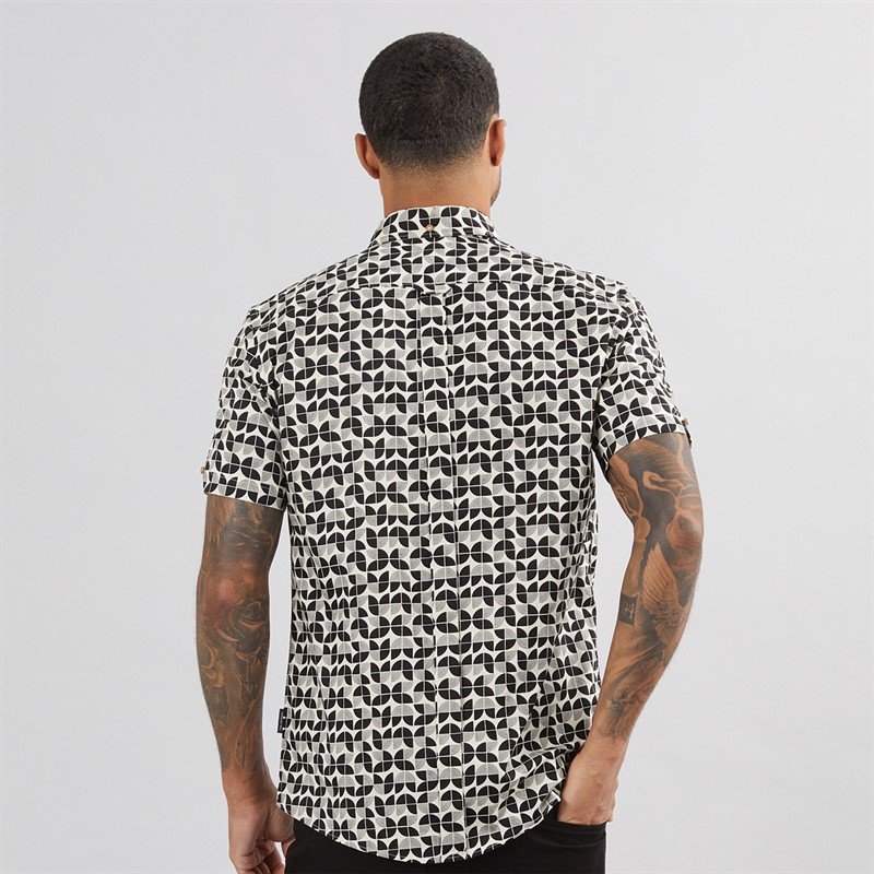 Mens Short Sleeve Linear Print Shirt Black 2 Mens Short Sleeve Linear Print Shirt Black