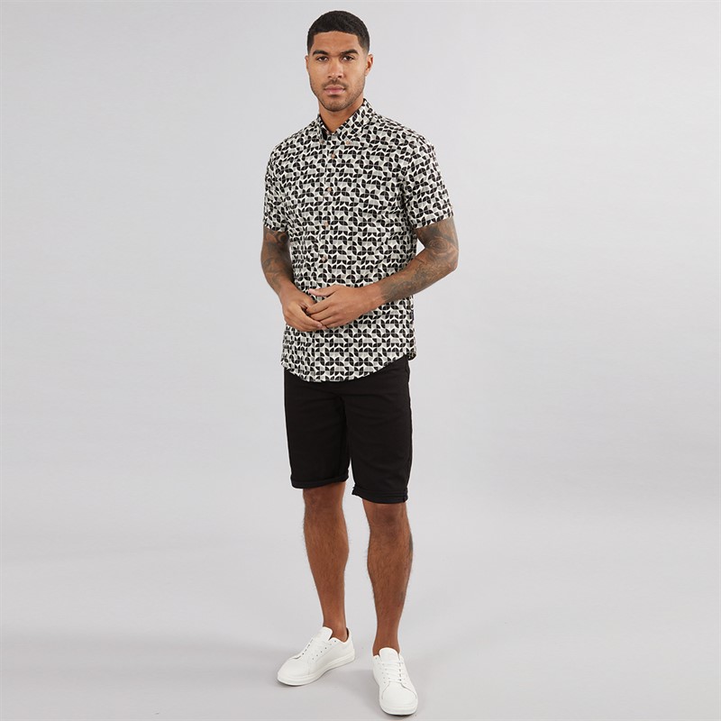 Mens Short Sleeve Linear Print Shirt Black 4 Mens Short Sleeve Linear Print Shirt Black