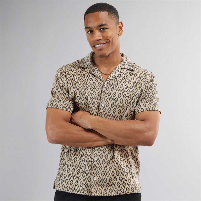 Mens Diamond Jacquard Knitted Camp Short Sleeve Shirt Light Pastel Brown