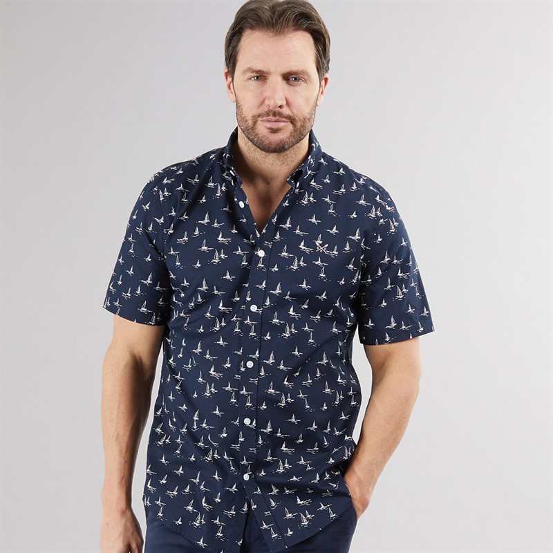 Mens Short Sleeve Boat Print Shirt Navy/White