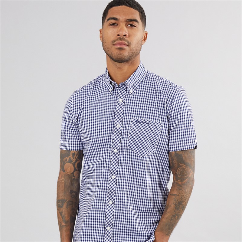 Mens Short Sleeve Gingham Shirt Dark Blue 1 Mens Short Sleeve Gingham Shirt Dark Blue
