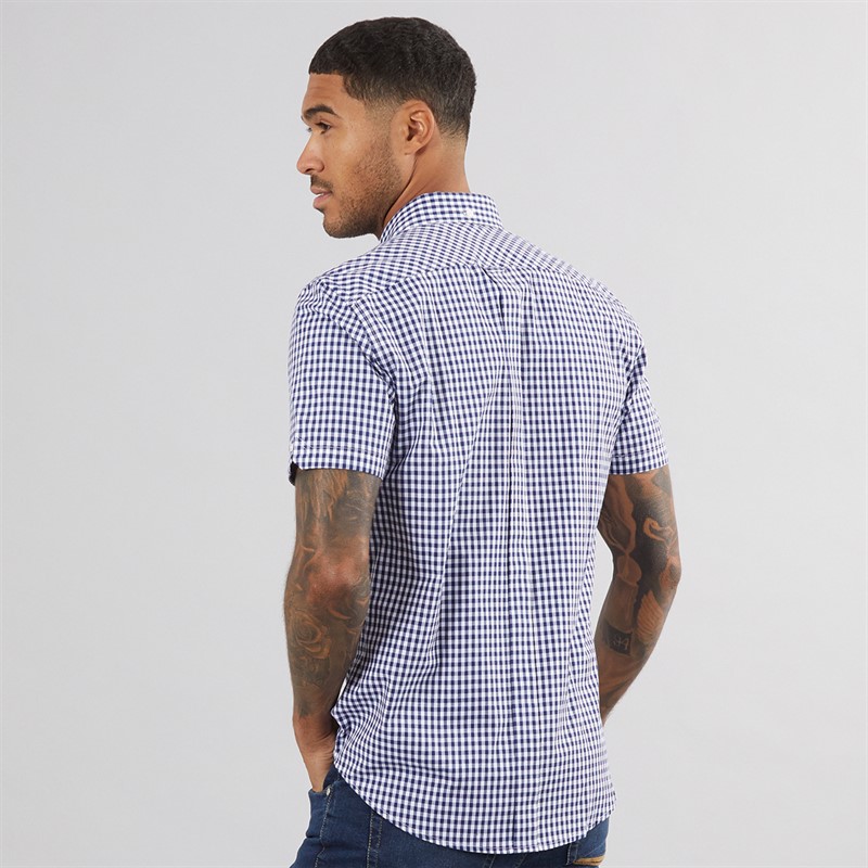 Mens Short Sleeve Gingham Shirt Dark Blue 2 Mens Short Sleeve Gingham Shirt Dark Blue