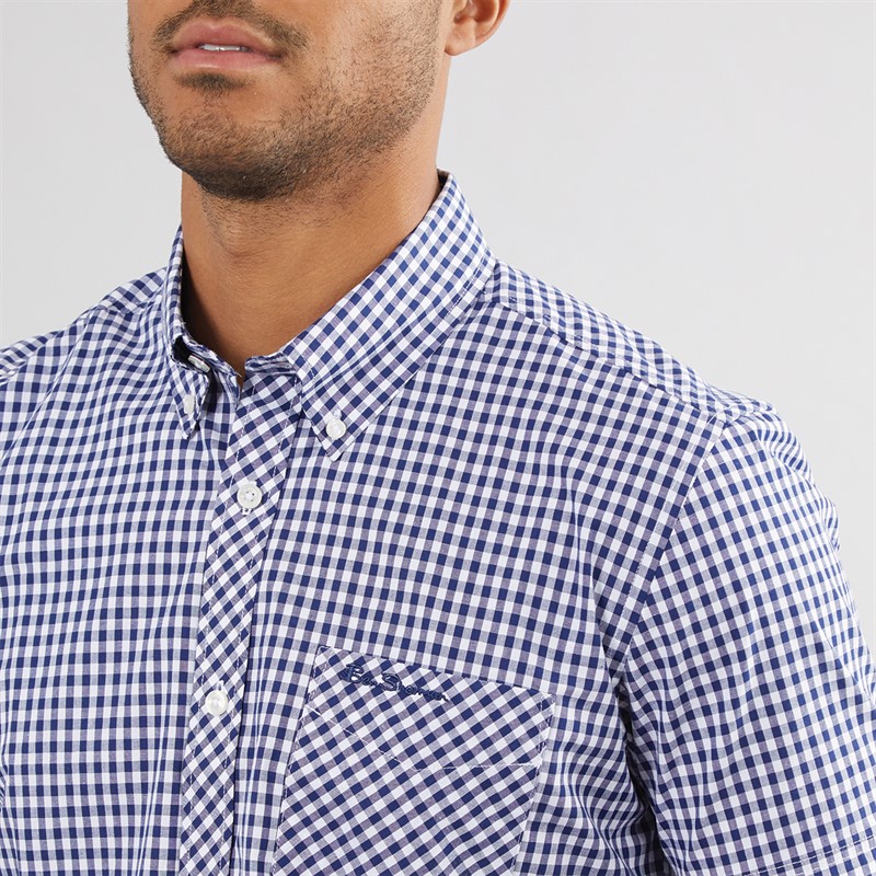 Mens Short Sleeve Gingham Shirt Dark Blue 3 Mens Short Sleeve Gingham Shirt Dark Blue