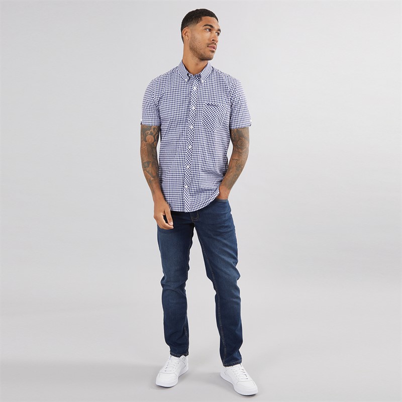 Mens Short Sleeve Gingham Shirt Dark Blue 4 Mens Short Sleeve Gingham Shirt Dark Blue