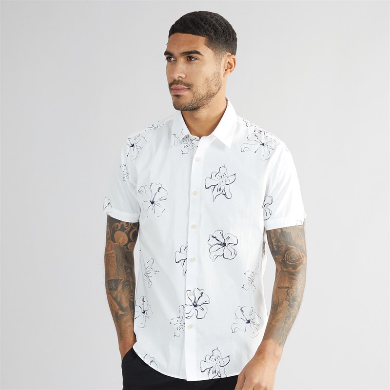 Mens Linear Floral Print Short Sleeve Shirt Snow White 1 Mens Linear Floral Print Short Sleeve Shirt Snow White