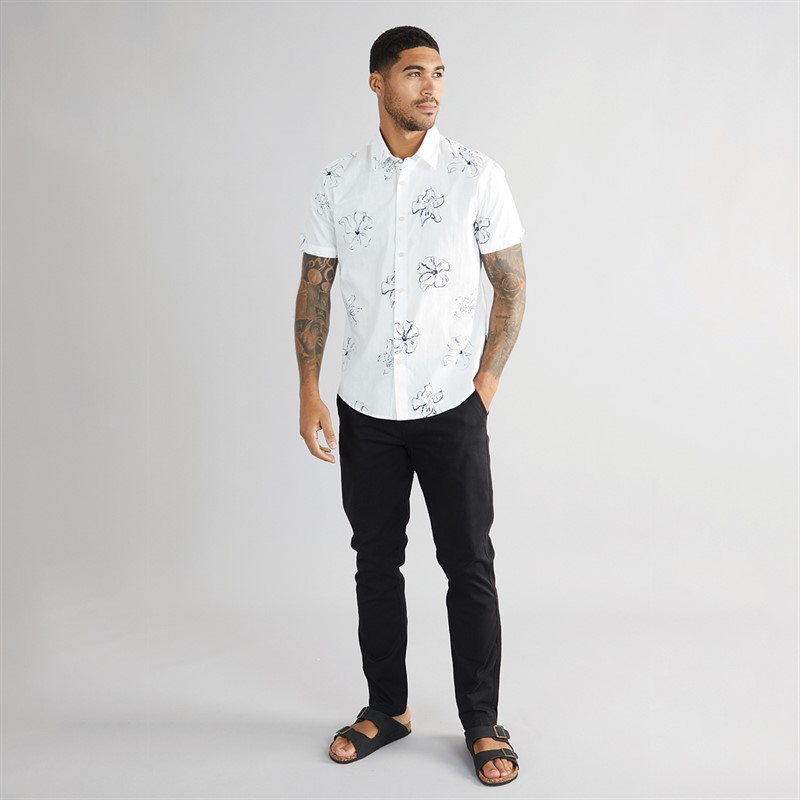 Mens Linear Floral Print Short Sleeve Shirt Snow White 4 Mens Linear Floral Print Short Sleeve Shirt Snow White